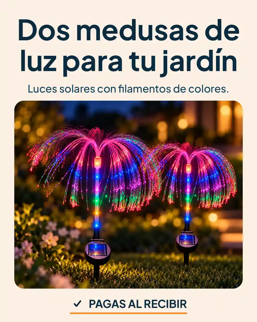Medusas solares x2 para jardín: Dos medusas de luz brillando en un jardín al atardecer