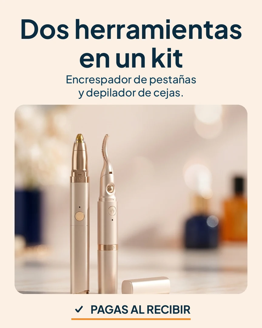 Encrespador de pestañas y depilador de cejas 2 en 1: Kit de encrespador y depilador color champán sobre un tocador