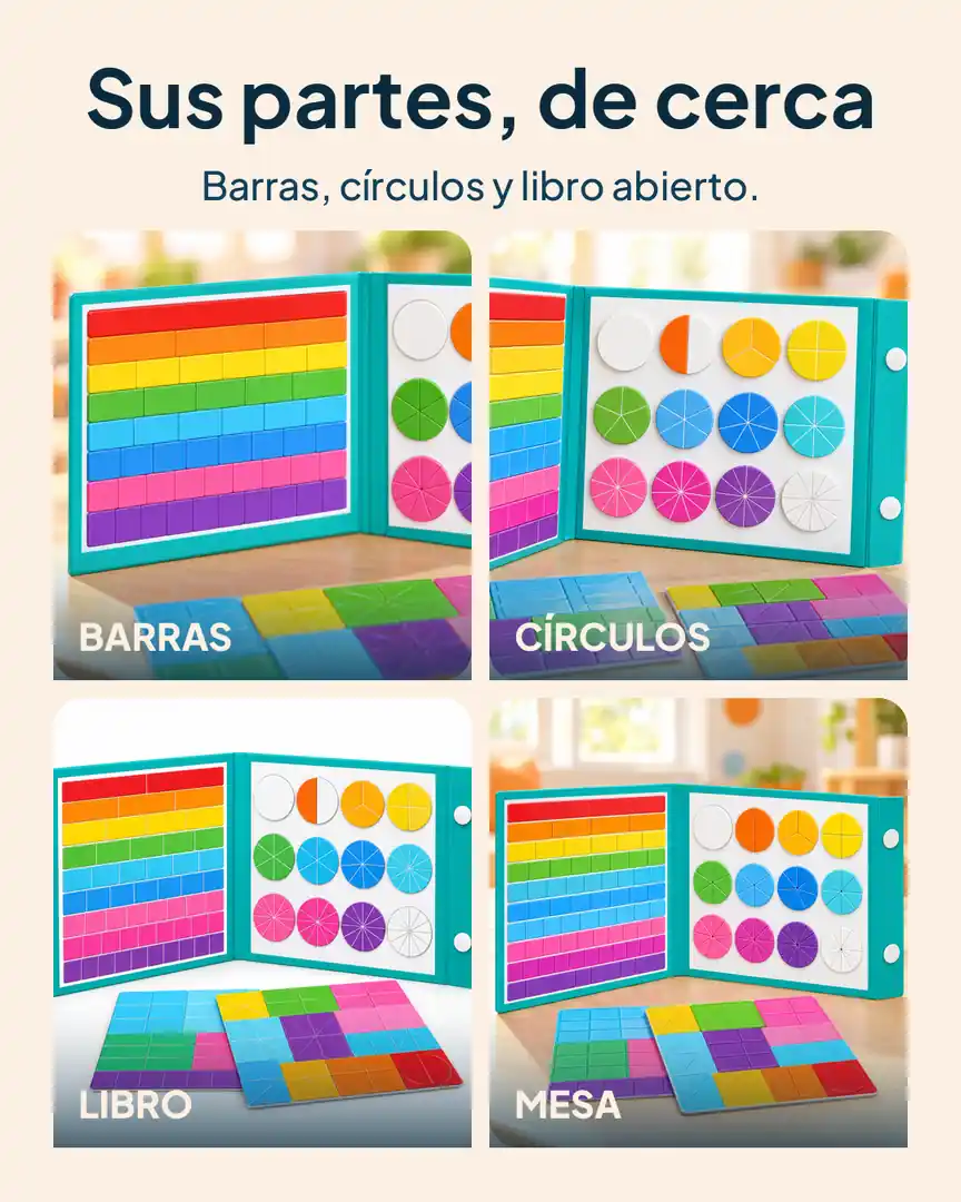Libro magnético de fracciones: Barras, círculos, libro y mesa