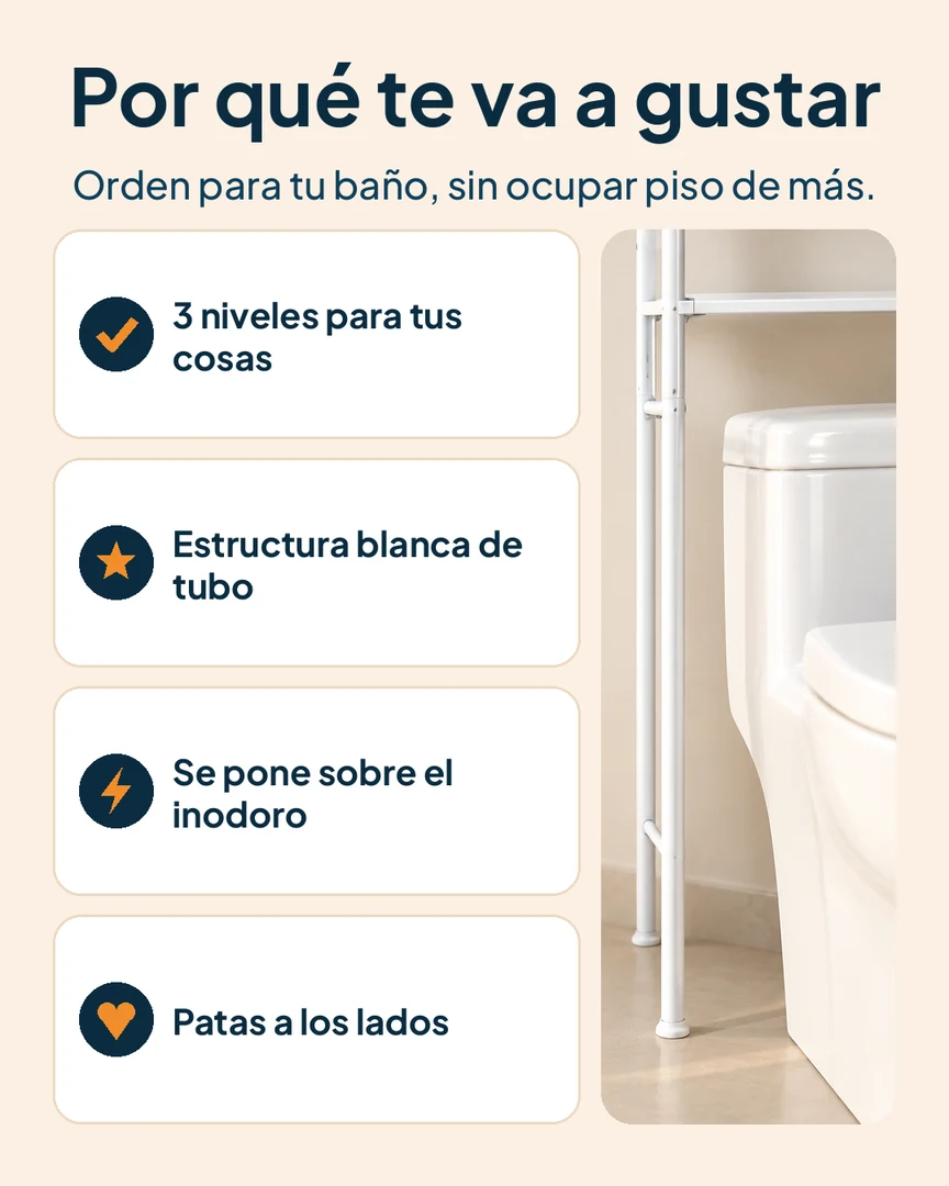 Estante organizador de baño sobre el inodoro: Estante con niveles, patas y estructura blanca