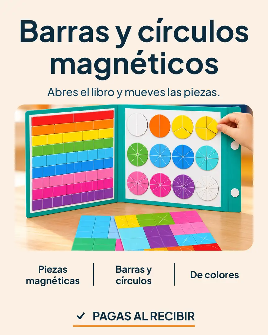 Libro magnético de fracciones: Manos moviendo una pieza de colores en el libro