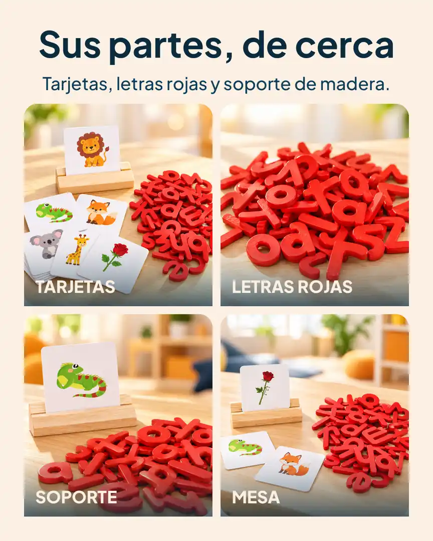 Juego didáctico de ortografía en madera: Tarjetas, letras rojas, soporte y mesa