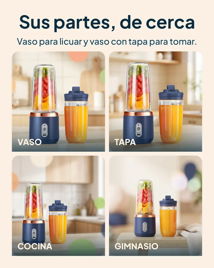 Licuadora portátil con 2 vasos: Vaso, tapa, cocina y gimnasio