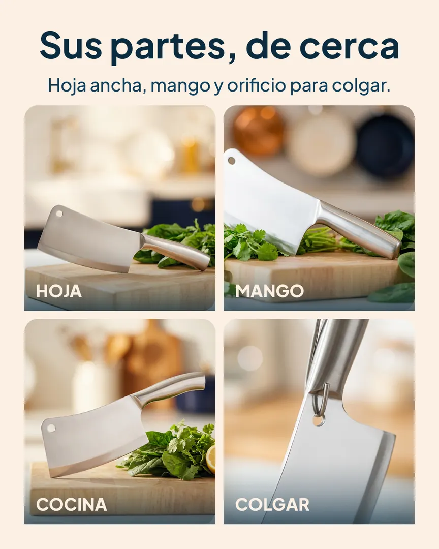 Cuchillo hachuela de acero 16 cm: Hoja, mango, cocina y orificio para colgar