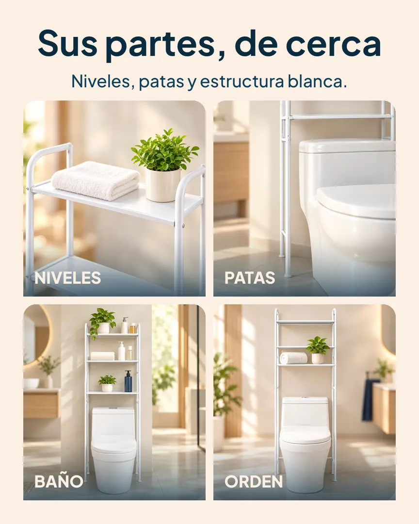 Estante organizador de baño sobre el inodoro: Niveles, patas, baño y orden