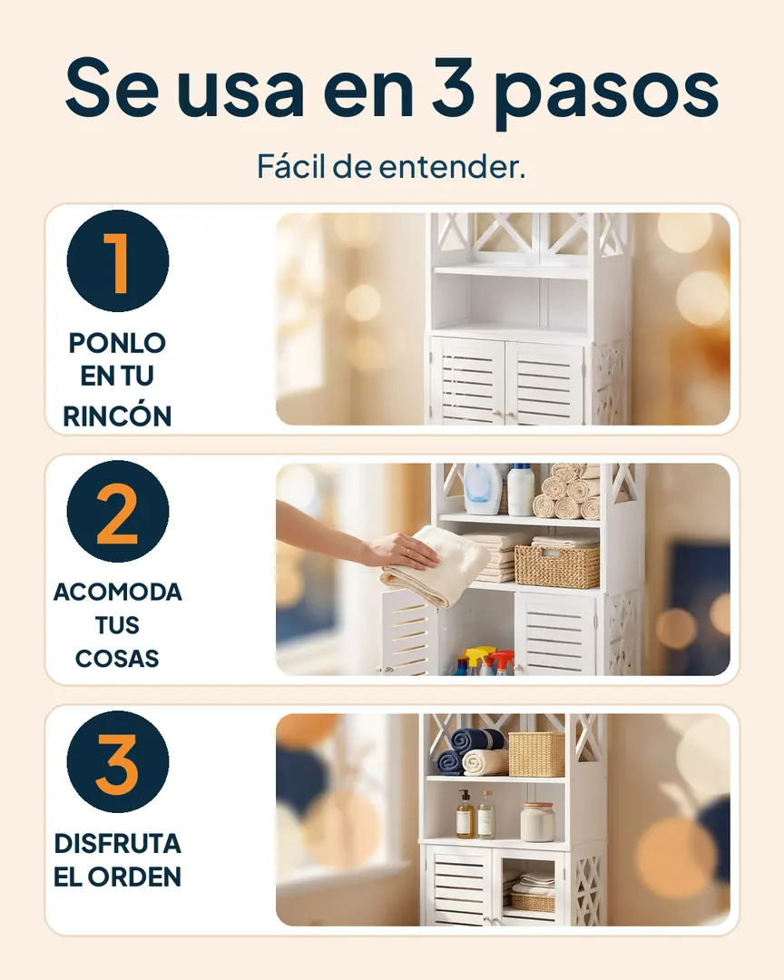 Gabinete organizador blanco de 2 puertas y 4 niveles: Pasos para usar el gabinete organizador