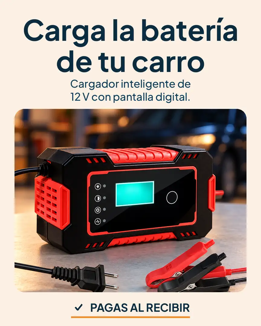 Cargador inteligente 12 V para batería de carro: Carro con batería descargada y cargador de 12 V