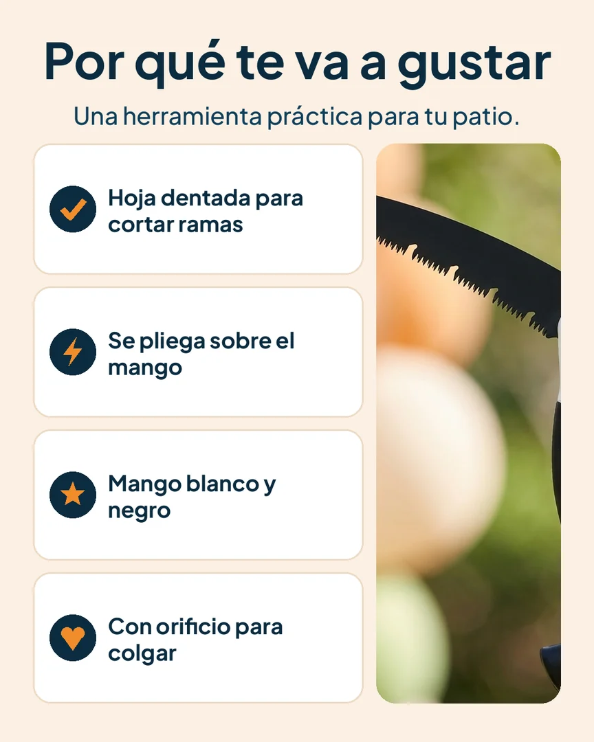Serrucho plegable de mano: Serrucho con hoja dentada, mango y orificio