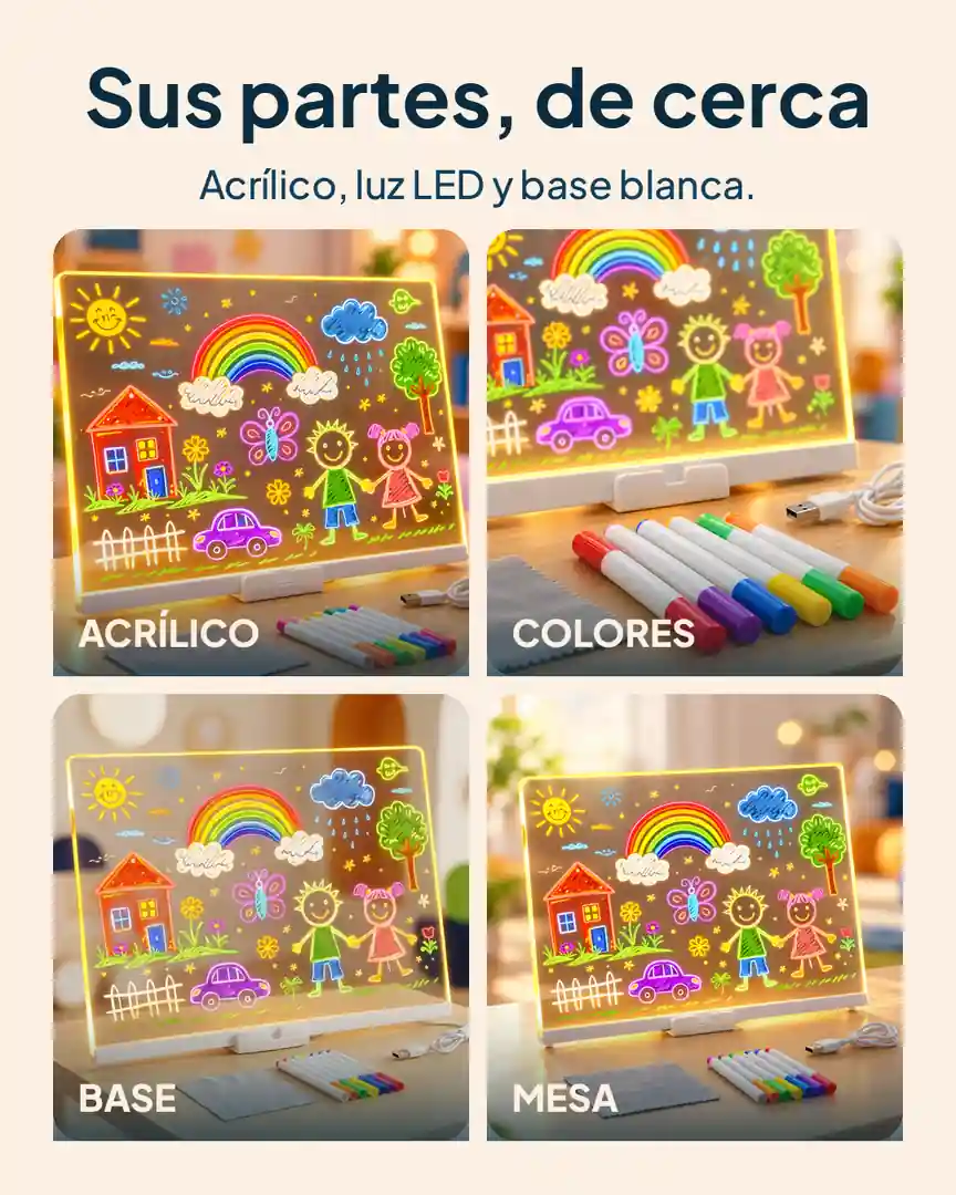 Pizarra mágica LED de acrílico: Acrílico, colores, base y mesa