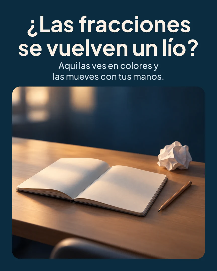 Libro magnético de fracciones: Escritorio en penumbra con un cuaderno en blanco