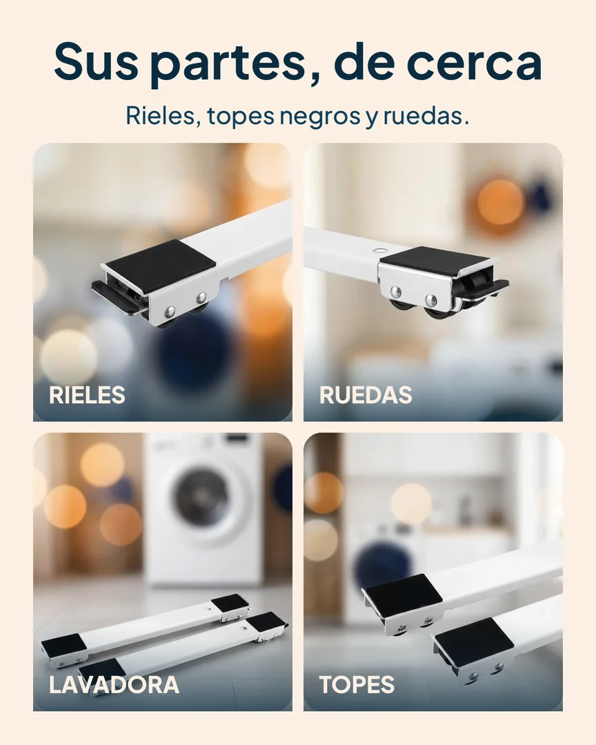 Base con ruedas para lavadora y nevera: Rieles, ruedas, lavadora y topes
