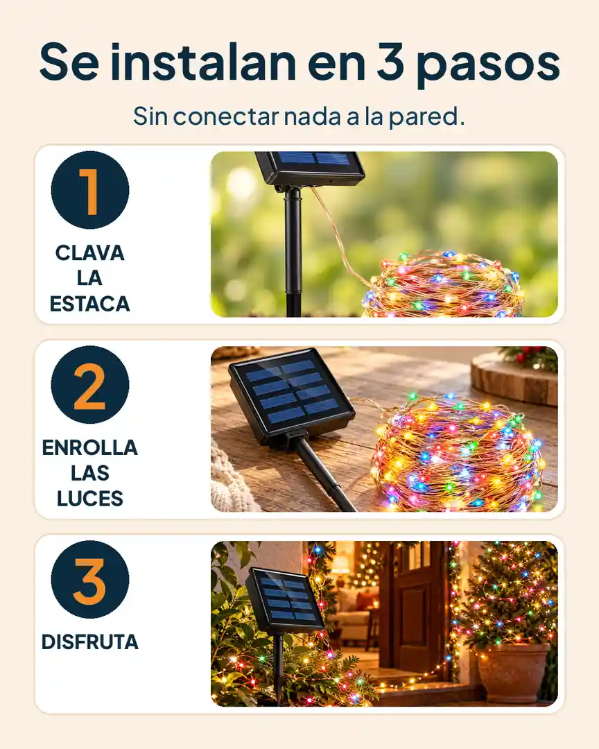 Luces navideñas solares 20 m: Se instalan en 3 pasos