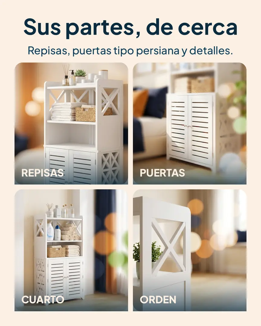 Gabinete organizador blanco de 2 puertas y 4 niveles: Repisas, puertas, cuarto y orden