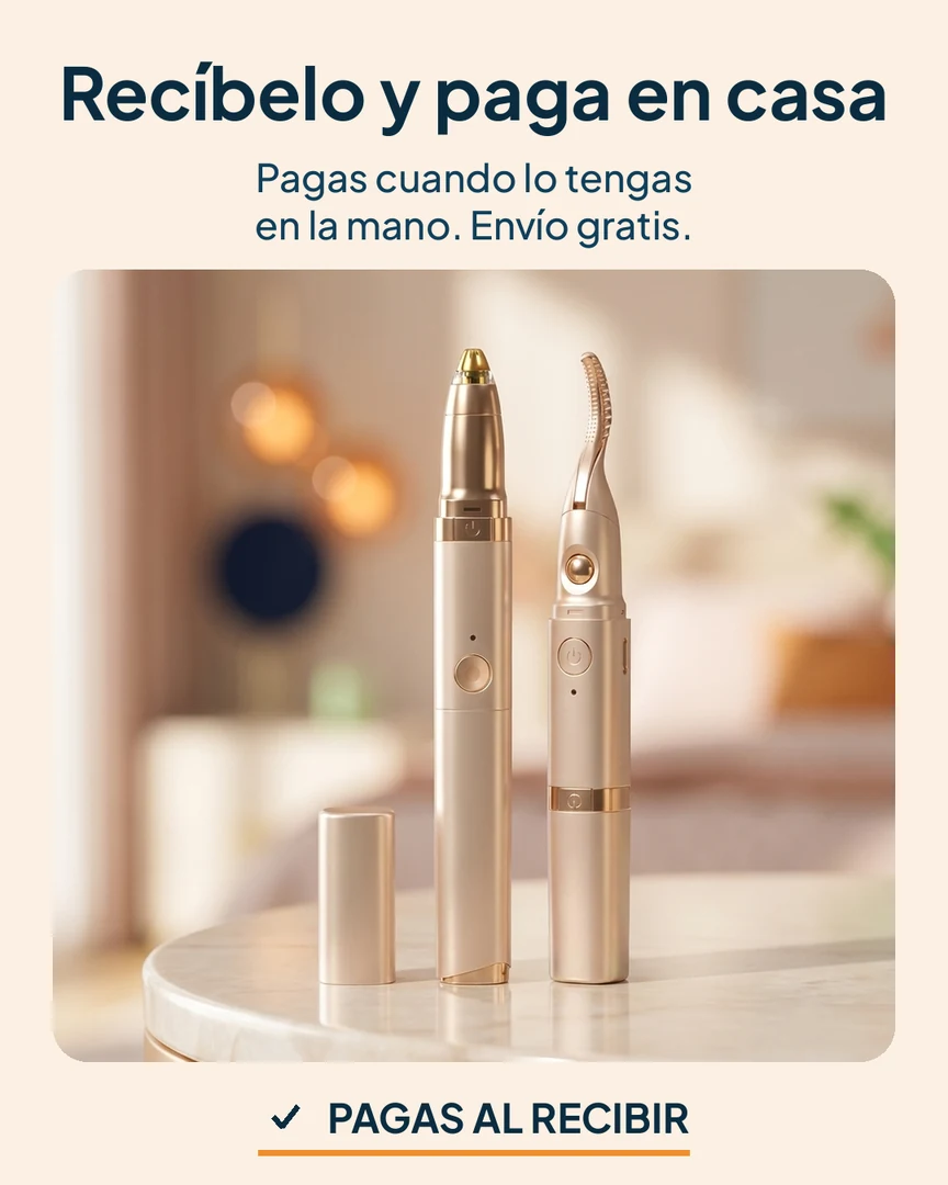Encrespador de pestañas y depilador de cejas 2 en 1: Kit champán ordenado en un tocador luminoso