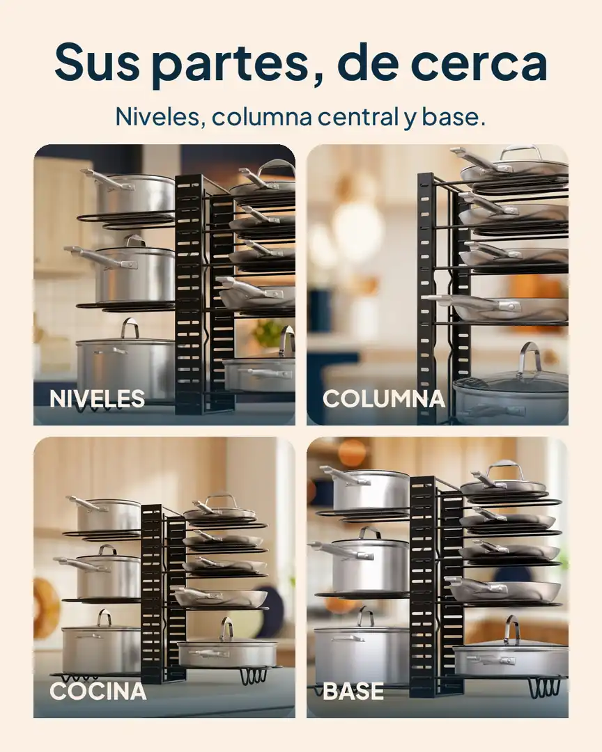 Estante organizador de ollas metálico: Niveles, columna, cocina y base