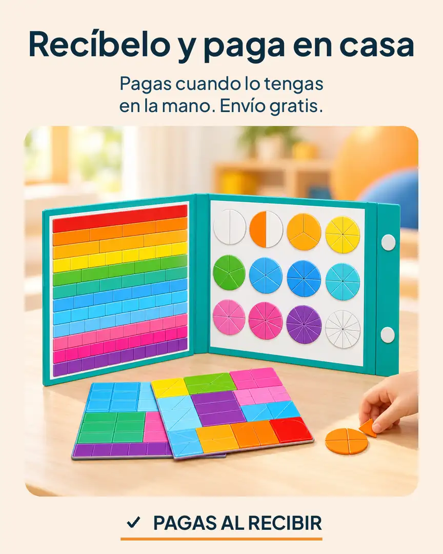 Libro magnético de fracciones: Piezas de colores sobre el libro abierto