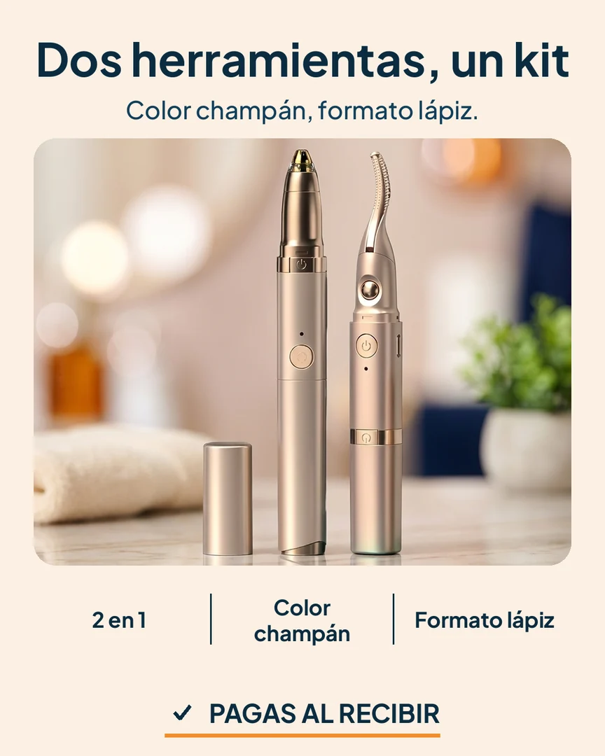 Encrespador de pestañas y depilador de cejas 2 en 1: Encrespador y depilador junto a una toalla y una planta