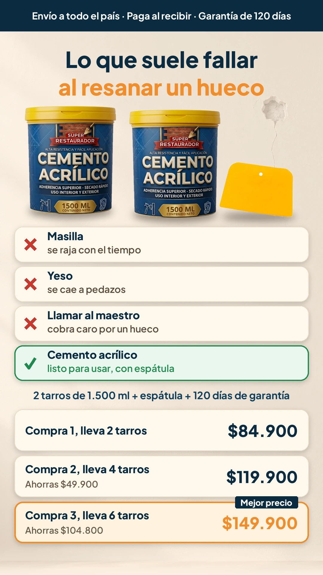 Cemento acrílico: 2 tarros de 1.500 ml y espátula; precios de 1, 2 y 3 kits y lo que suele fallar al resanar