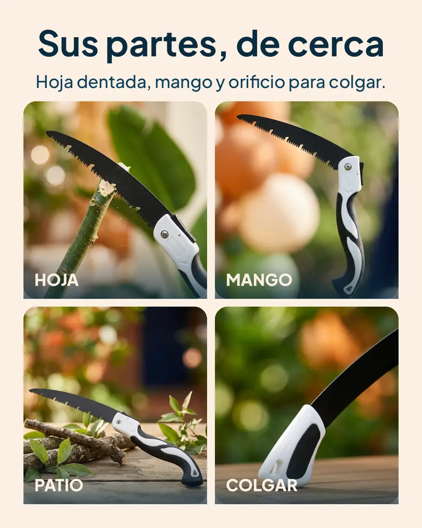 Serrucho plegable de mano: Hoja, mango, patio y orificio para colgar