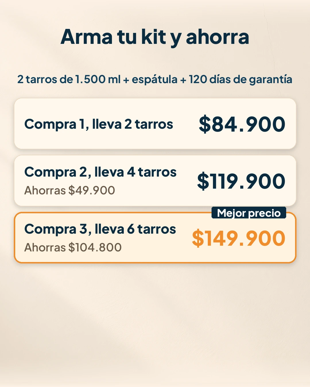 Oferta: 2 tarros $84.900, 4 tarros $119.900 y 6 tarros $149.900, con 120 días de garantía