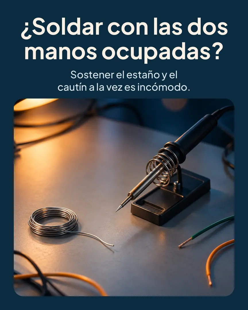 Pistola para soldar con alimentación de estaño: Mesón desordenado con cables y estaño suelto