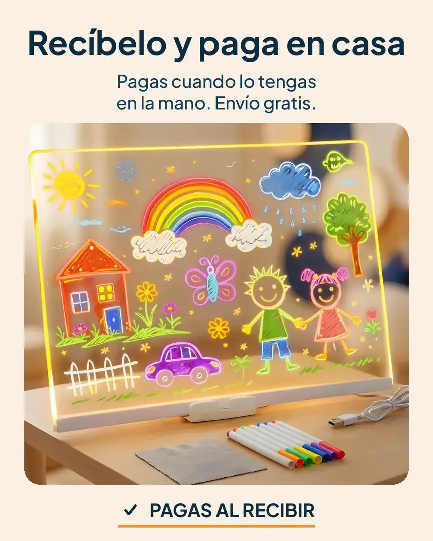 Pizarra mágica LED de acrílico: Pizarra llena de dibujos de colores