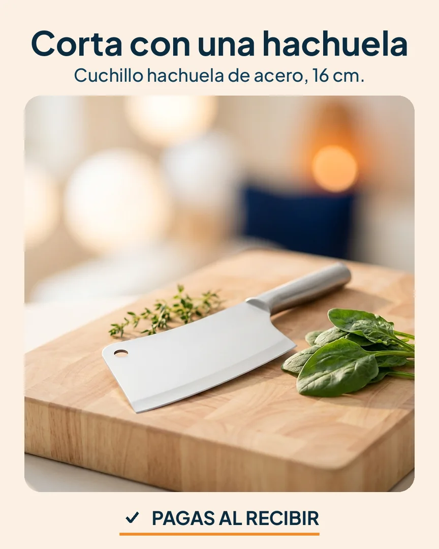 Cuchillo hachuela de acero 16 cm: Cuchillo hachuela sobre una tabla de madera en una cocina luminosa