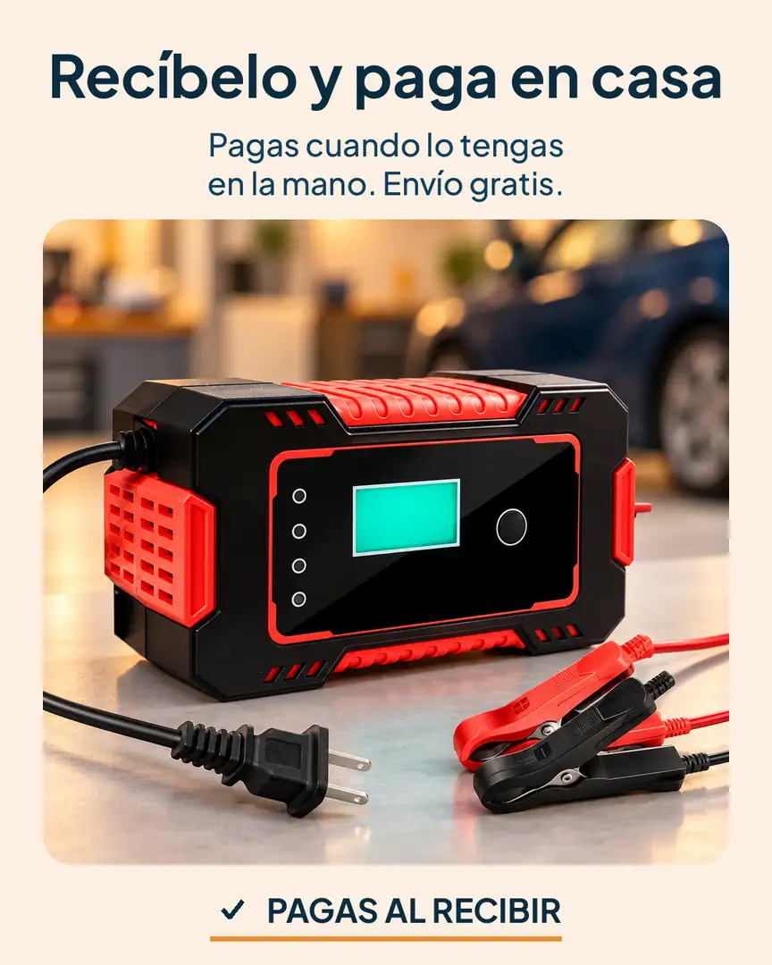 Cargador inteligente 12 V para batería de carro: Cargador sobre el mesón del garaje