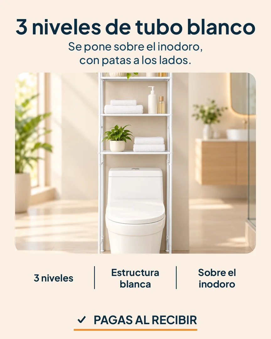Estante organizador de baño sobre el inodoro: Estante con toallas, planta y botellas en orden