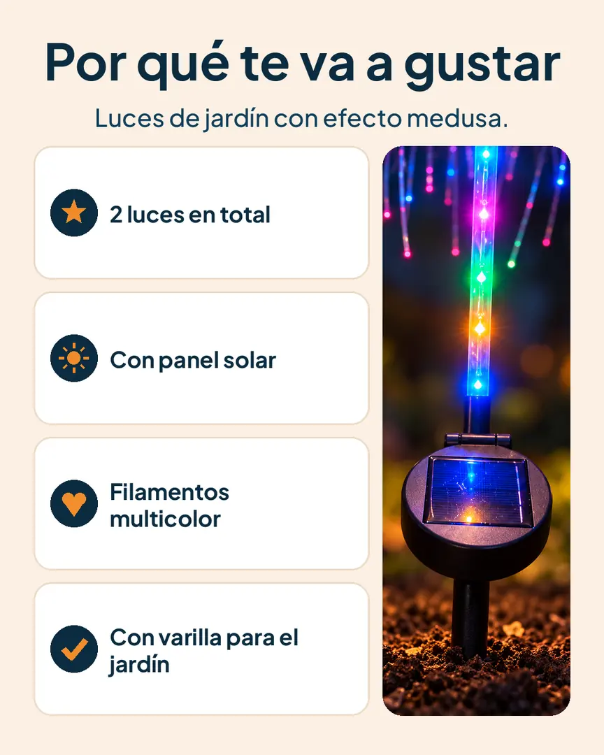 Medusas solares x2 para jardín: Medusas con panel solar, varilla y filamentos