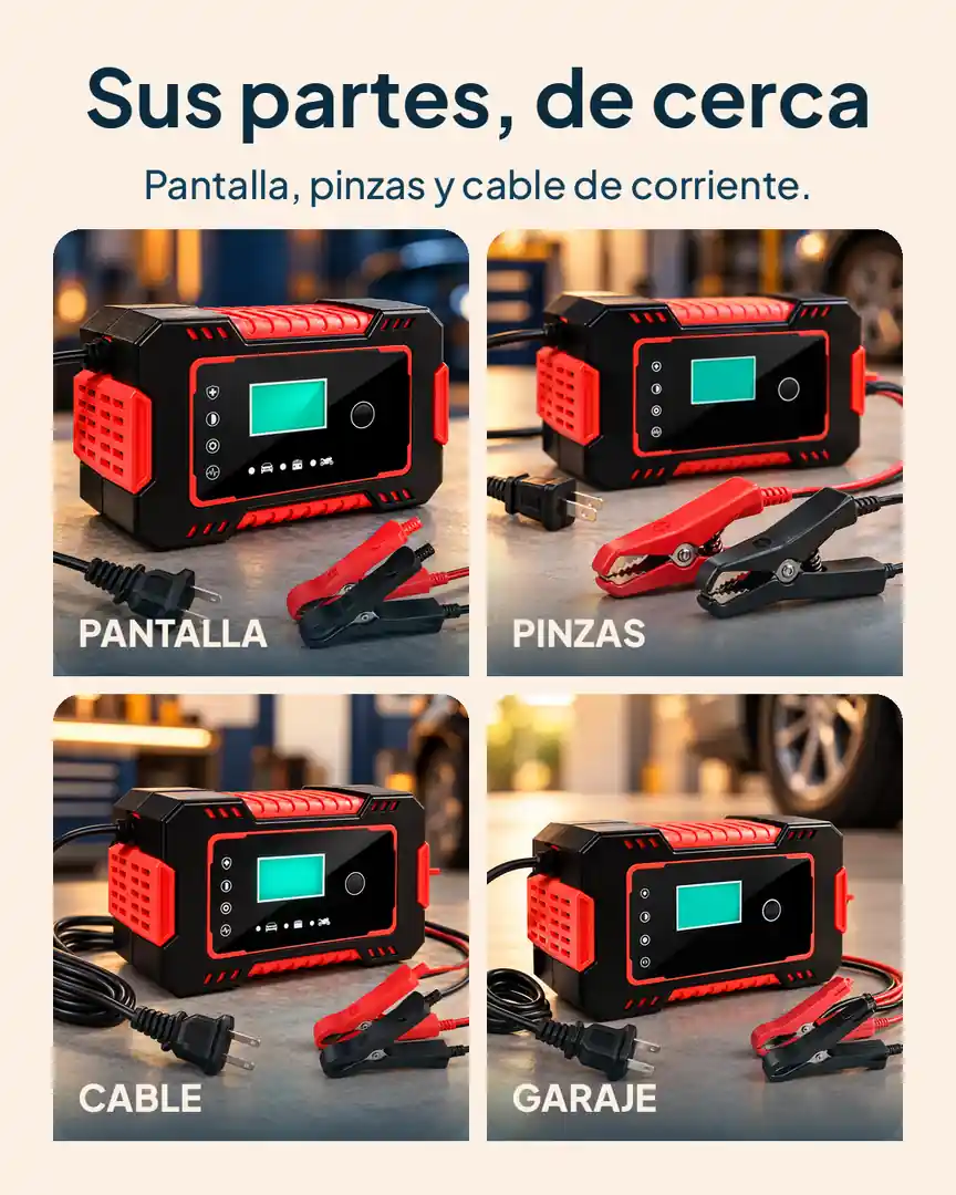 Cargador inteligente 12 V para batería de carro: Pantalla, pinzas, cable y garaje