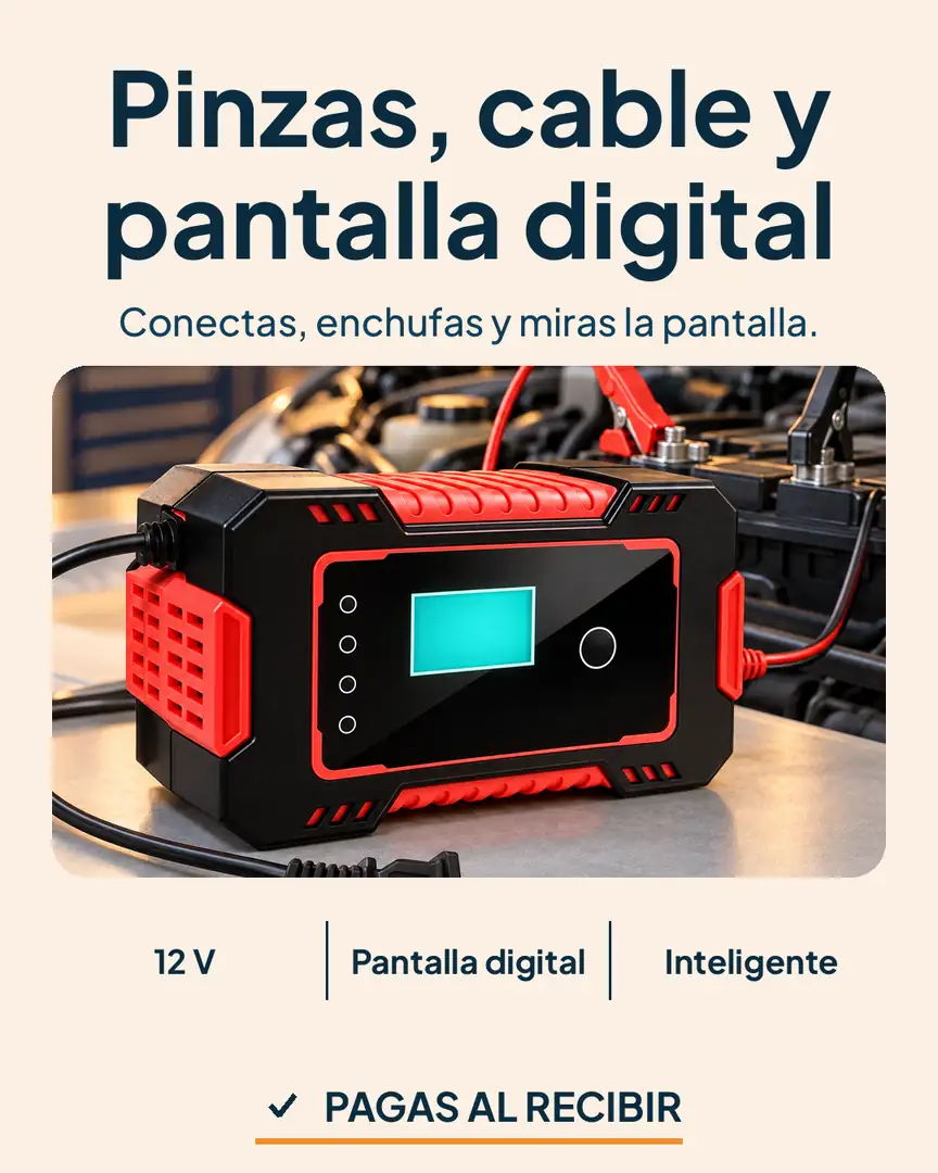 Cargador inteligente 12 V para batería de carro: Cargador conectado a la batería con la pantalla encendida