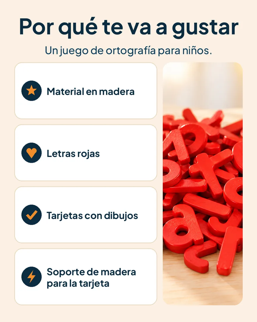 Juego didáctico de ortografía en madera: Tarjetas, letras rojas y soporte de madera