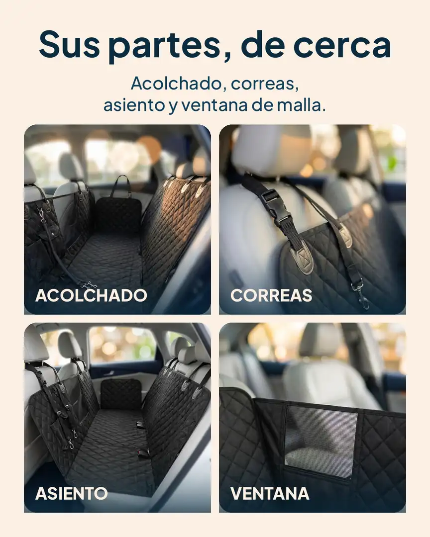 Protector de asiento de carro para mascotas: Acolchado, correas, asiento y ventana de malla