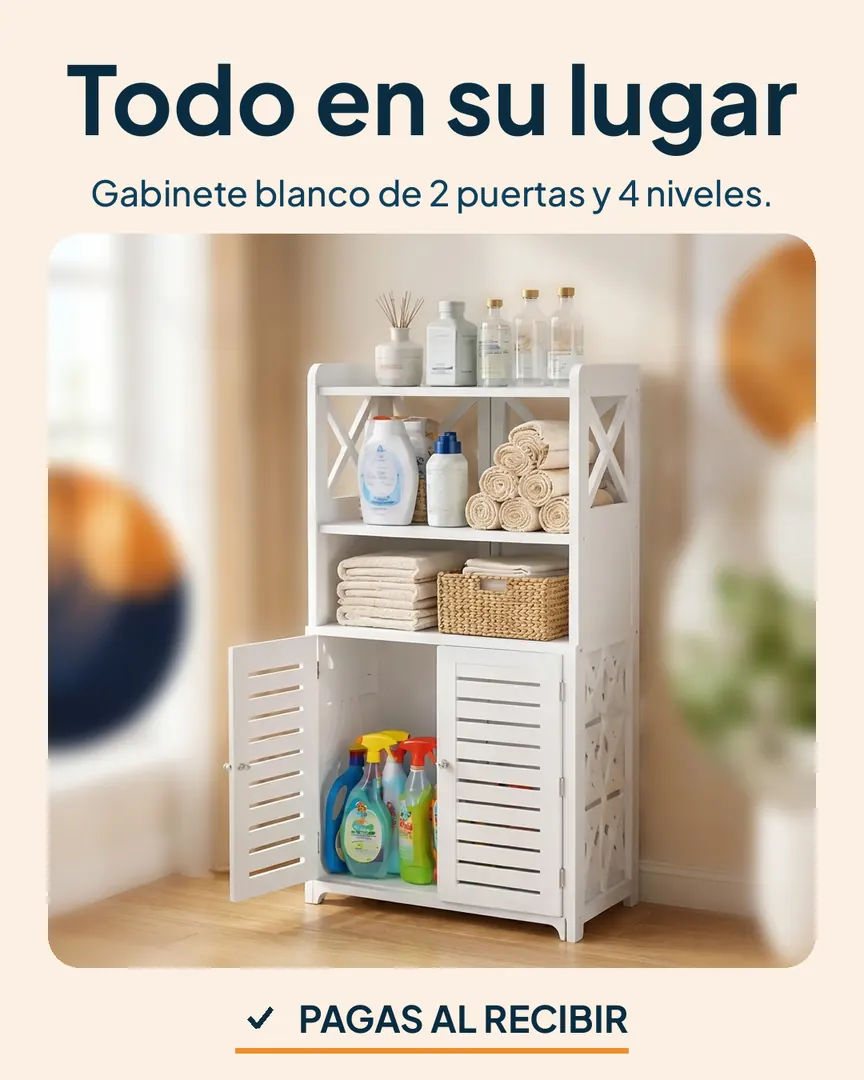 Gabinete organizador blanco de 2 puertas y 4 niveles: Gabinete blanco de 2 puertas y 4 niveles en un cuarto luminoso