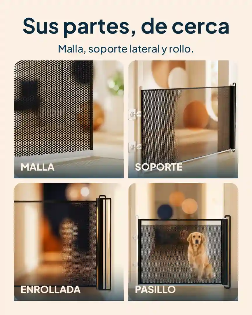 Barrera retráctil de seguridad para mascotas: Malla, soporte, rollo y pasillo