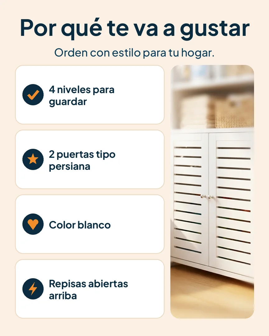 Gabinete organizador blanco de 2 puertas y 4 niveles: Gabinete con repisas, puertas y detalles blancos