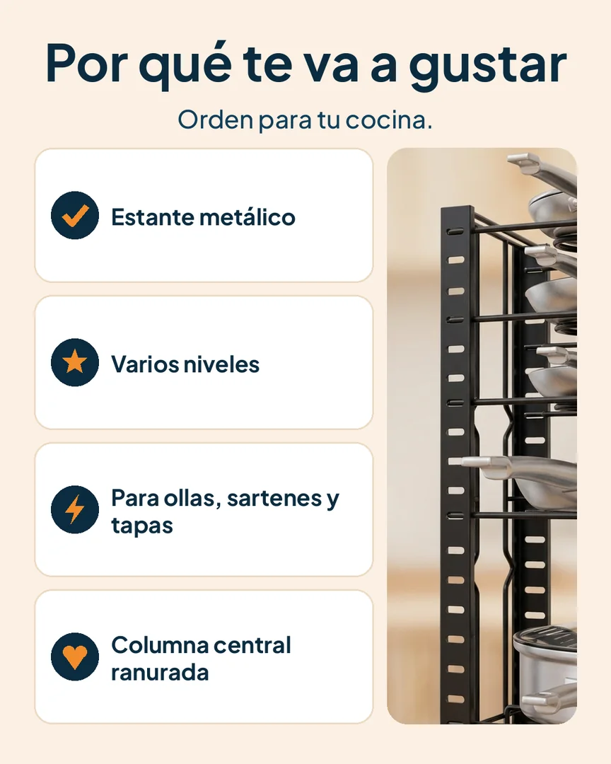 Estante organizador de ollas metálico: Estante con niveles, columna central y base