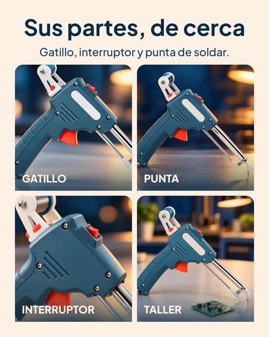 Pistola para soldar con alimentación de estaño: Gatillo, punta, interruptor y taller