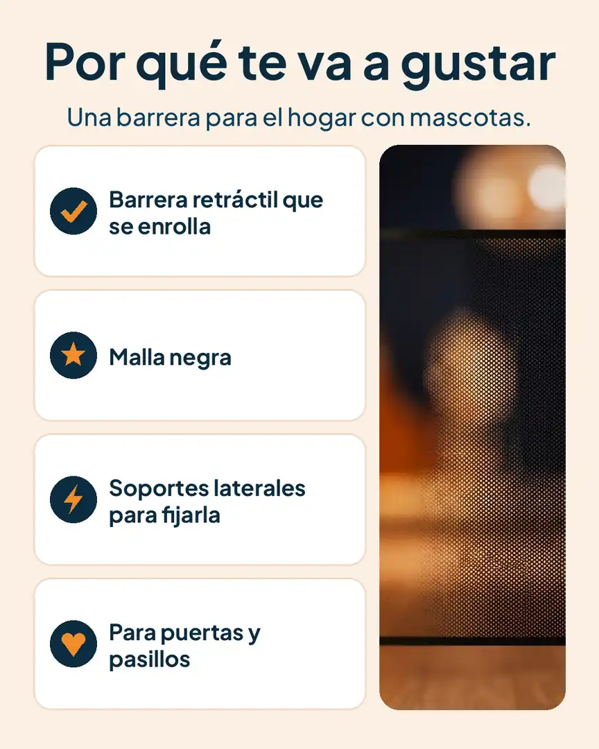 Barrera retráctil de seguridad para mascotas: Barrera con malla negra, soporte lateral y rollo