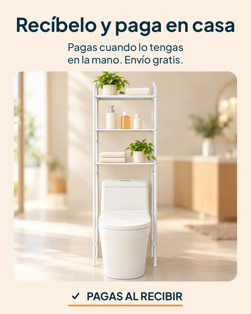 Estante organizador de baño sobre el inodoro: Estante organizado en un baño luminoso