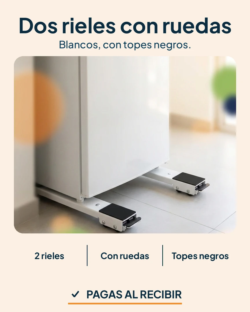 Base con ruedas para lavadora y nevera: Nevera sobre dos rieles blancos en una cocina