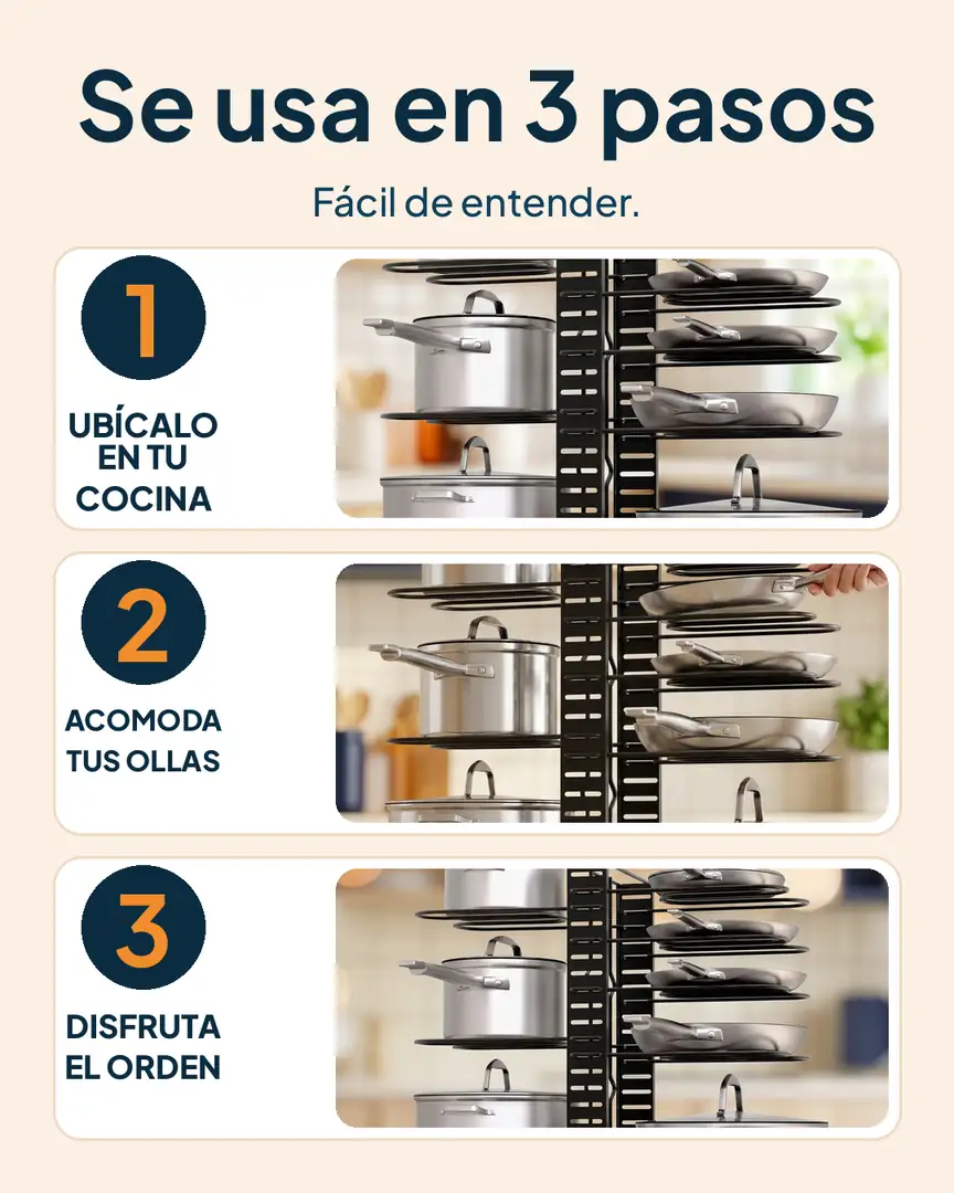 Estante organizador de ollas metálico: Pasos para usar el estante organizador
