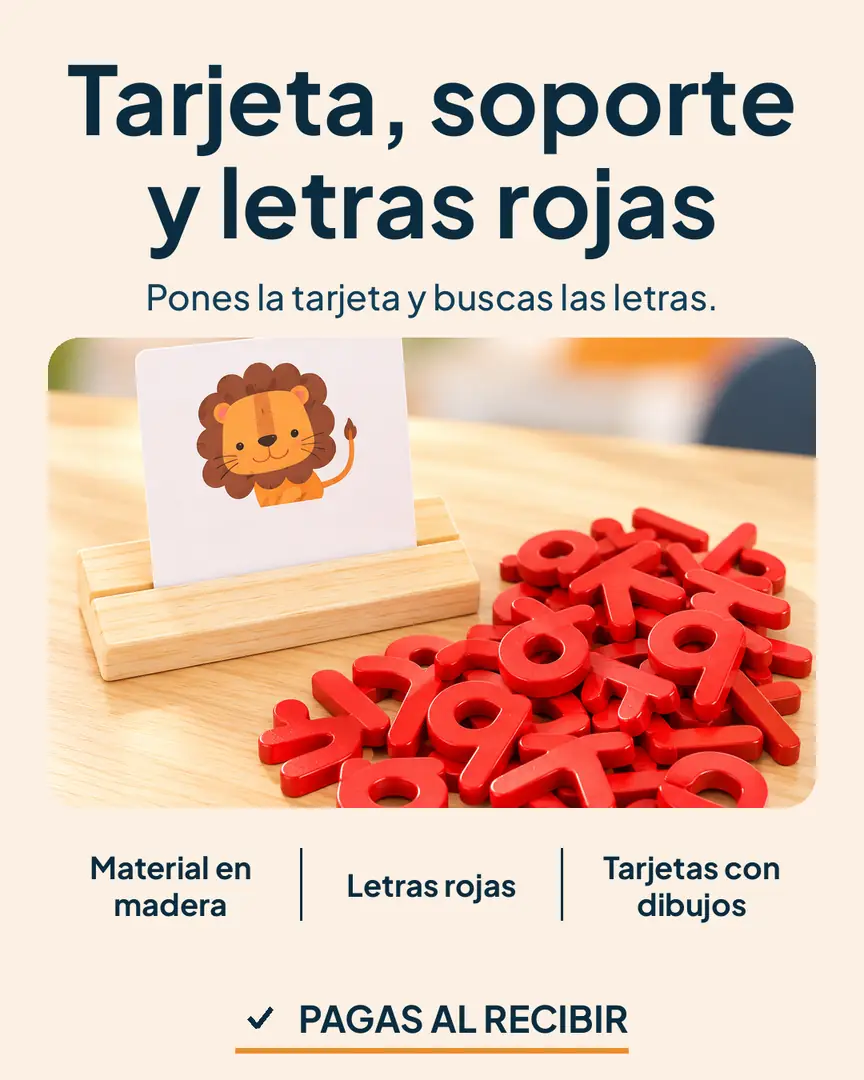 Juego didáctico de ortografía en madera: Soporte con tarjeta y letras rojas de madera
