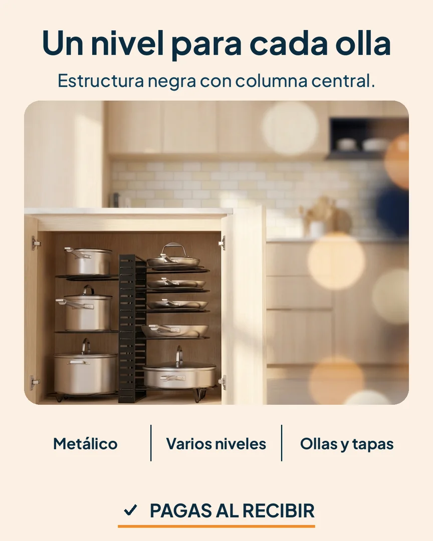 Estante organizador de ollas metálico: Estante organizador dentro de un gabinete de cocina