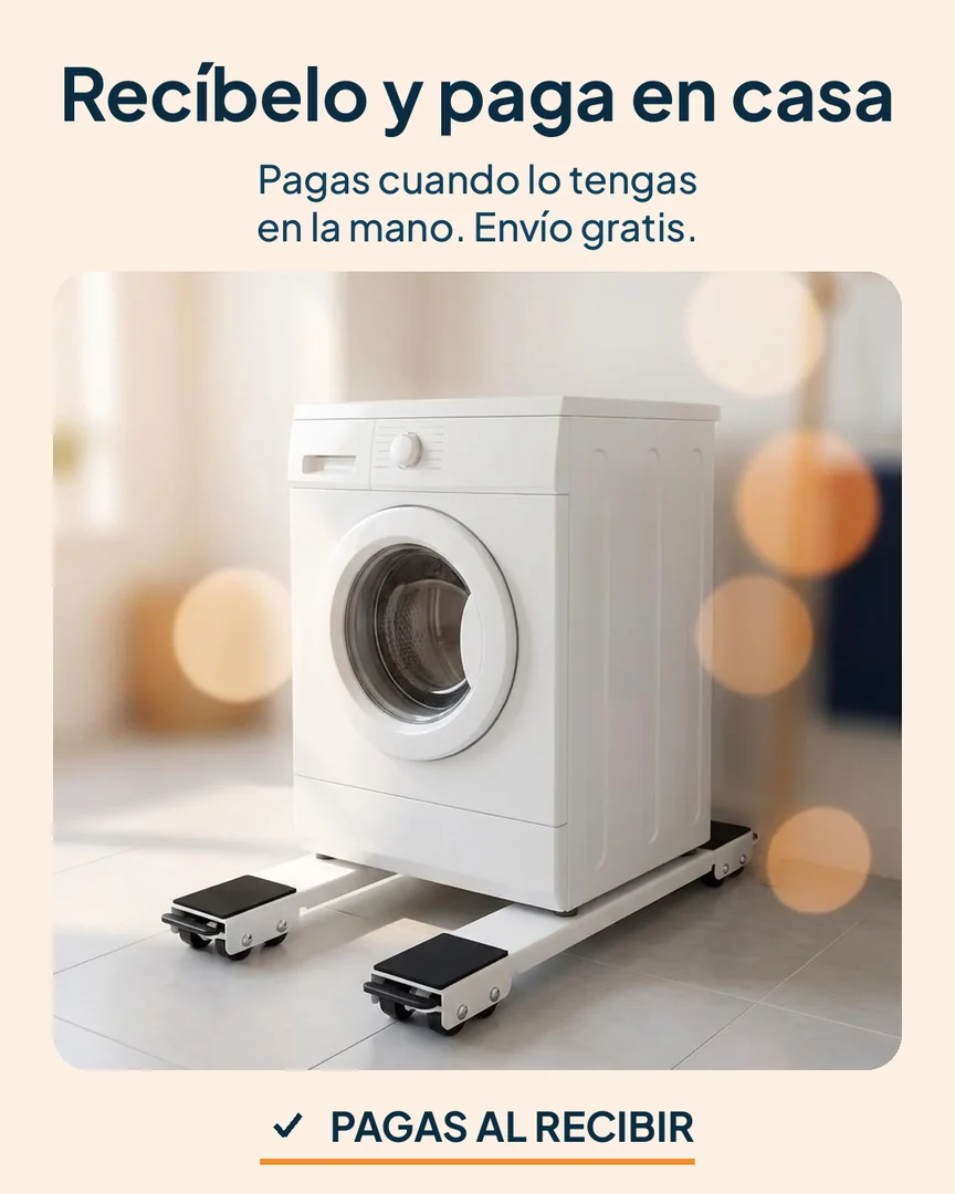 Base con ruedas para lavadora y nevera: Lavadora sobre los rieles en un cuarto de lavado ordenado