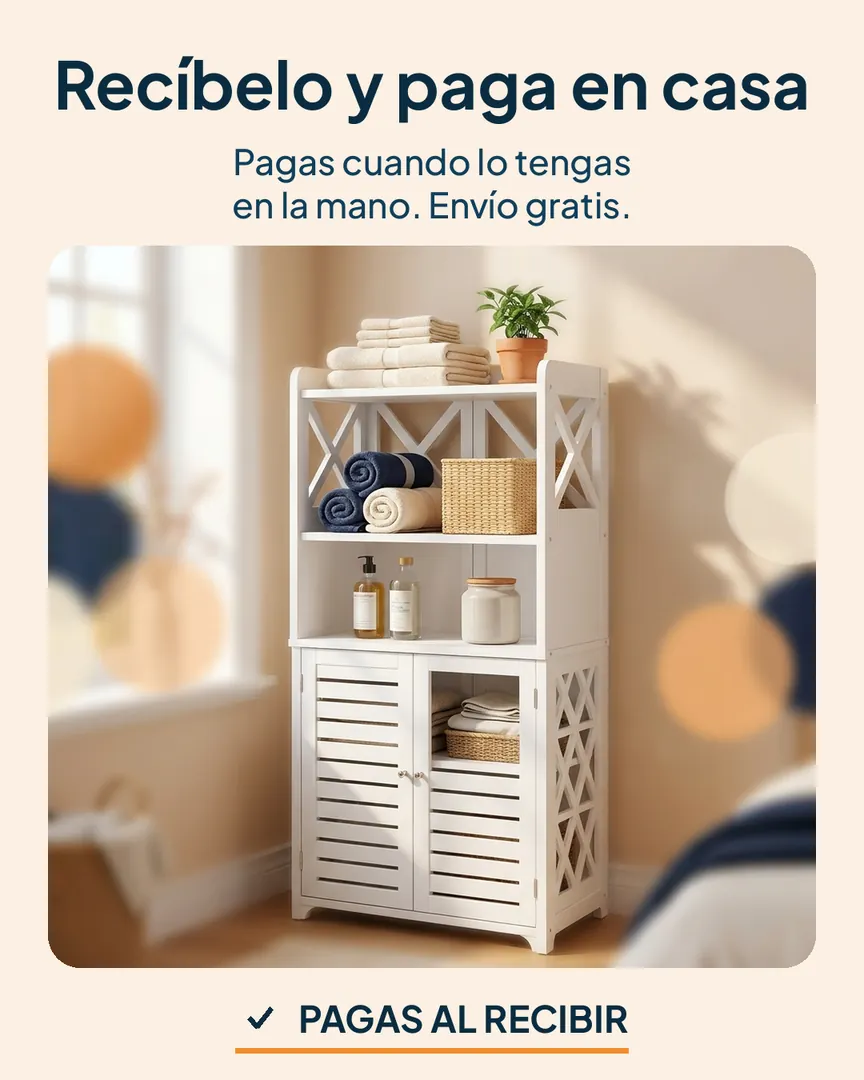 Gabinete organizador blanco de 2 puertas y 4 niveles: Gabinete organizado en un cuarto luminoso