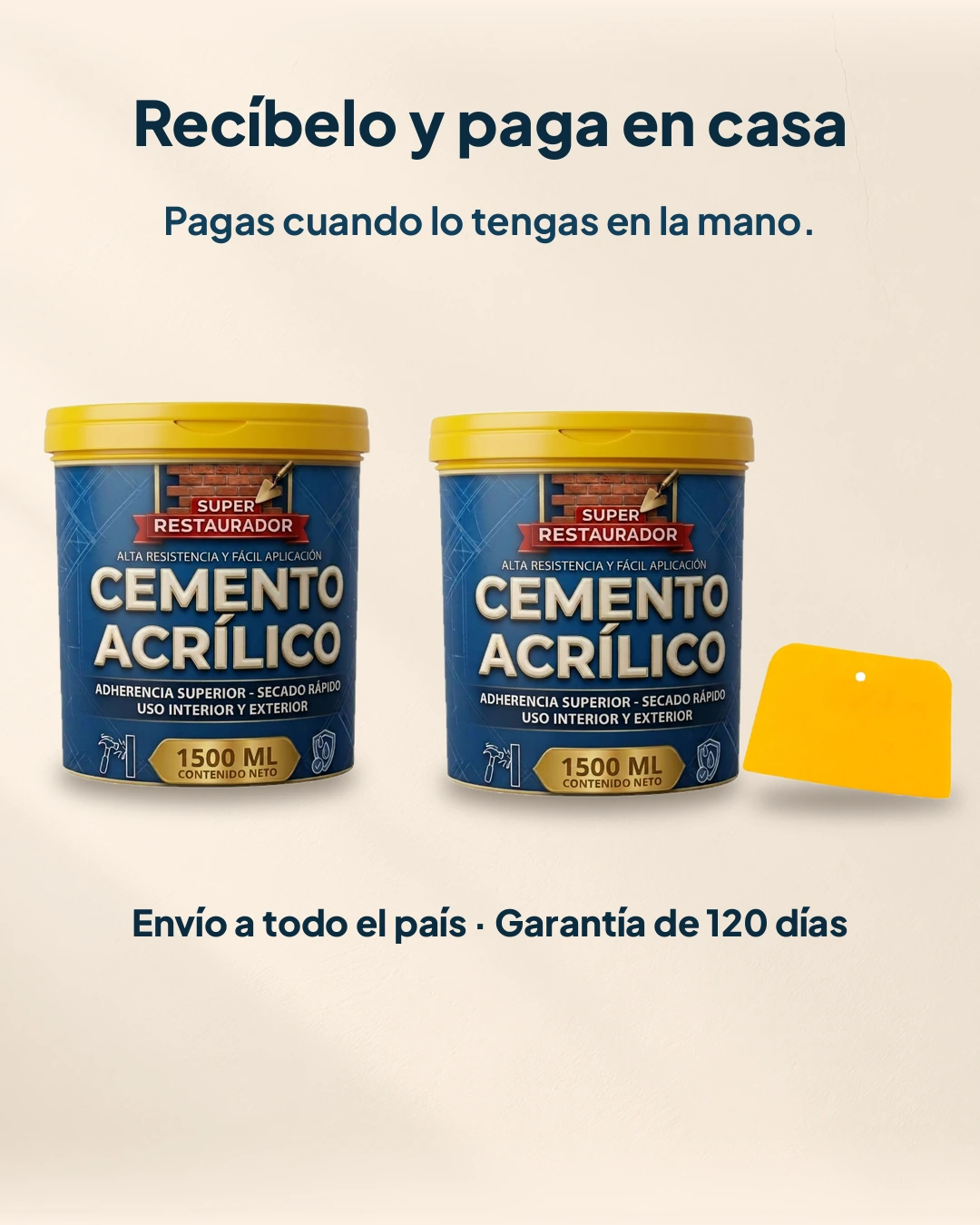 Recíbelo y paga en casa: dos tarros de cemento acrílico y espátula, envío a todo el país y garantía de 120 días