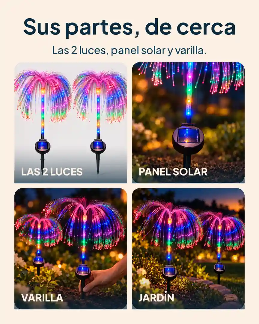 Medusas solares x2 para jardín: Las 2 luces, panel solar, varilla y jardín