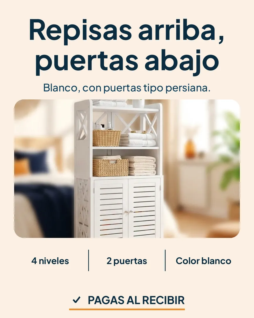 Gabinete organizador blanco de 2 puertas y 4 niveles: Gabinete con toallas, canasta y planta en orden